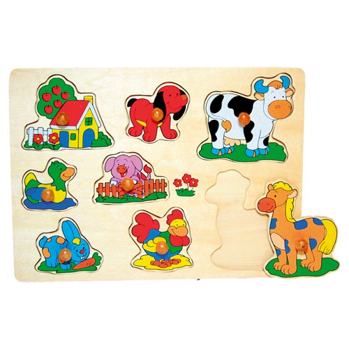 Dřevěné puzzle s úchyty - Zvířátka farma barevná - 8 dílků